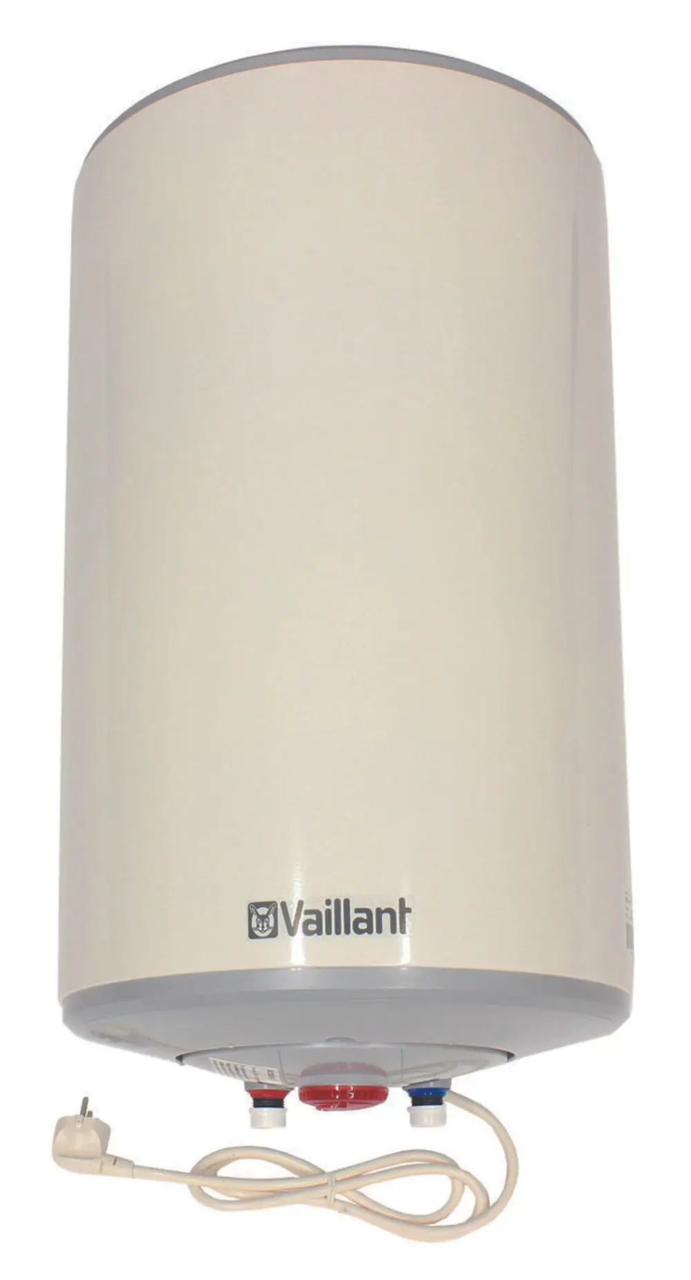 Vaillant Elektro-Warmwasserspeicher in runder Form, wandhängend, mit sichtbarem Netzkabel und Anschlüssen für Wasserzufuhr in Rot und Blau.